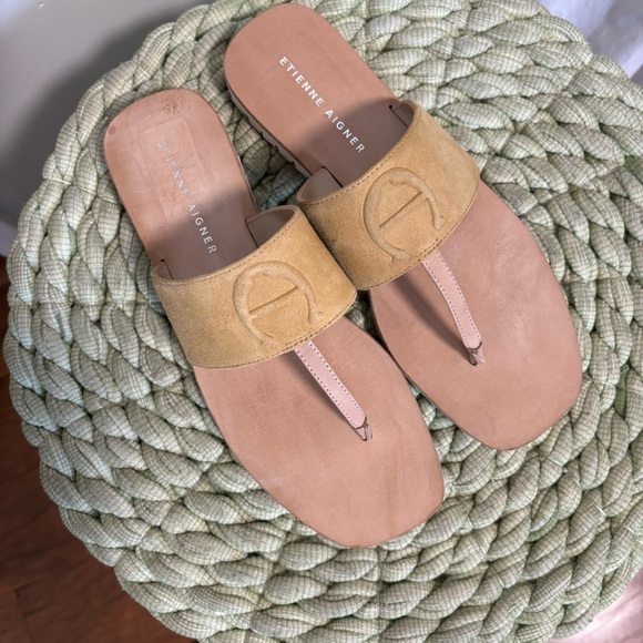 ETIENNE AIGNER Palma Golden Leather/Suede Slip On Flat Flip Flop Sandals - Picture 7 of 10